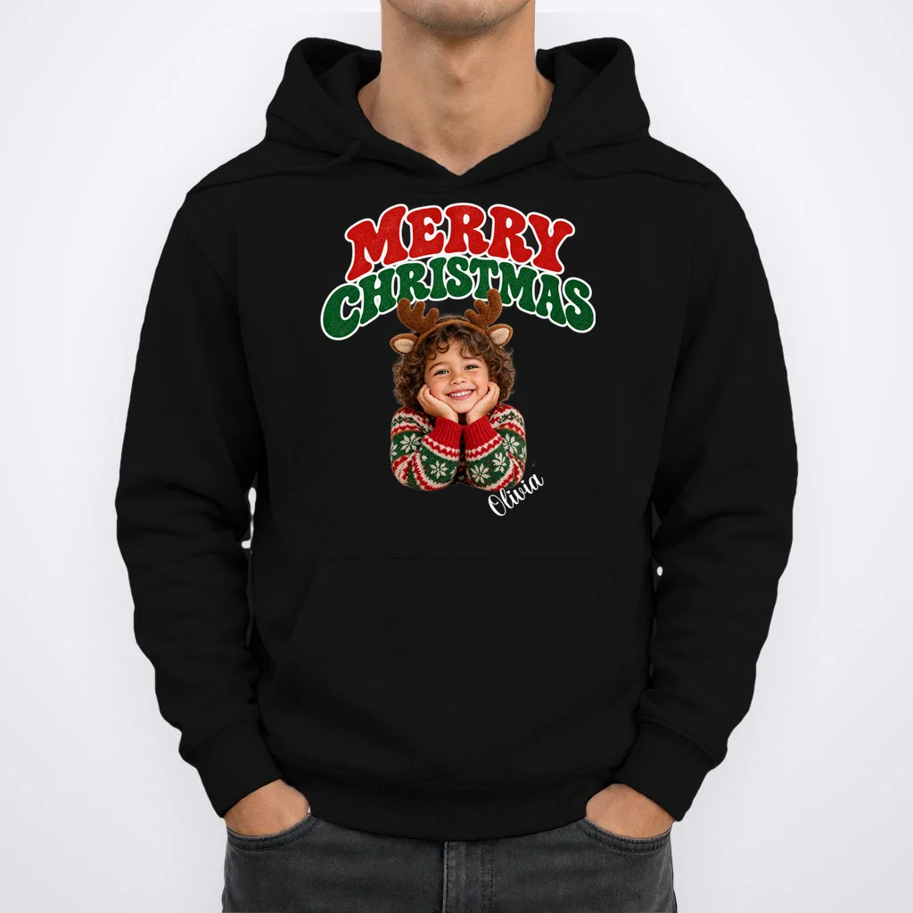 Christmas Photo Personalized Name Custom Gift - Merry Christmas Portrait Holiday Design Men's Hoodie - Front 1