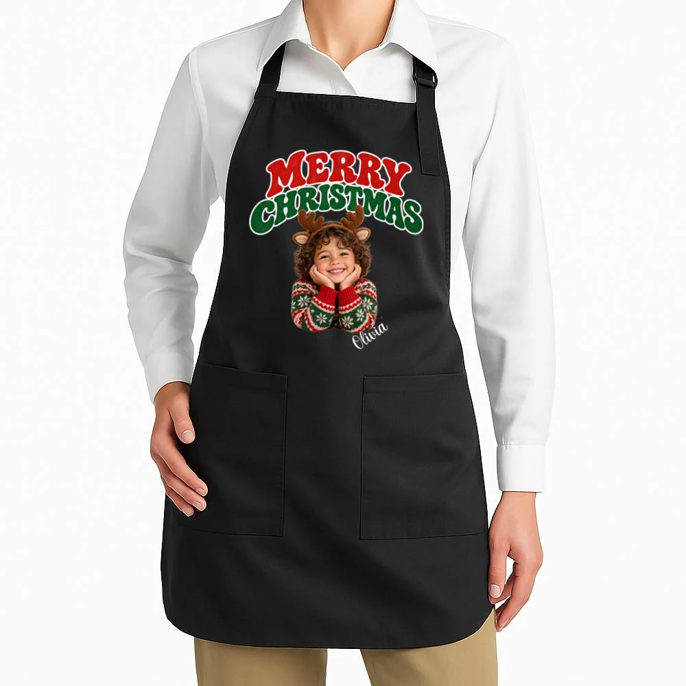 Christmas Photo Personalized Name Custom Gift - Merry Christmas Portrait Holiday Design Apron - Front 1