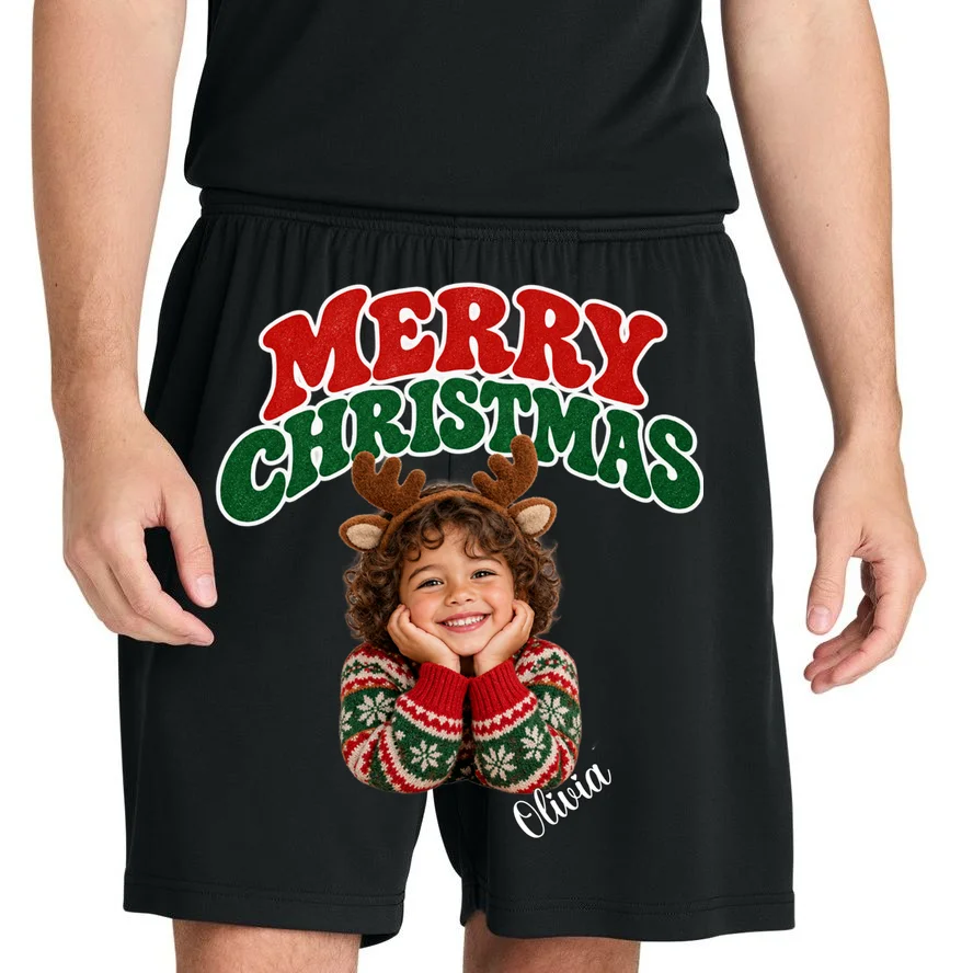 Christmas Photo Personalized Name Custom Gift - Merry Christmas Portrait Holiday Design Men's Shorts - Front 1