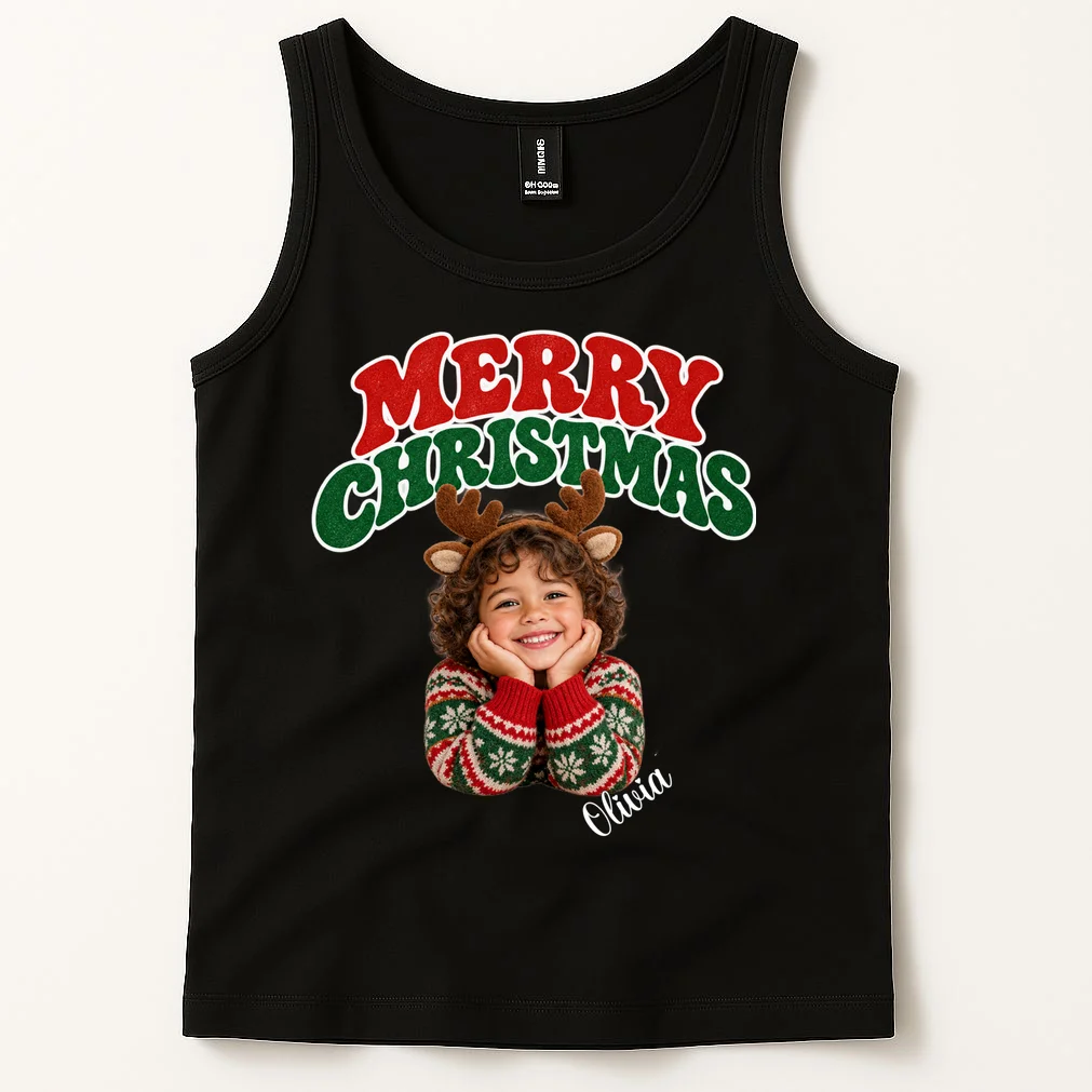 Christmas Photo Personalized Name Custom Gift - Merry Christmas Portrait Holiday Design Men's Tank Top - Front 1