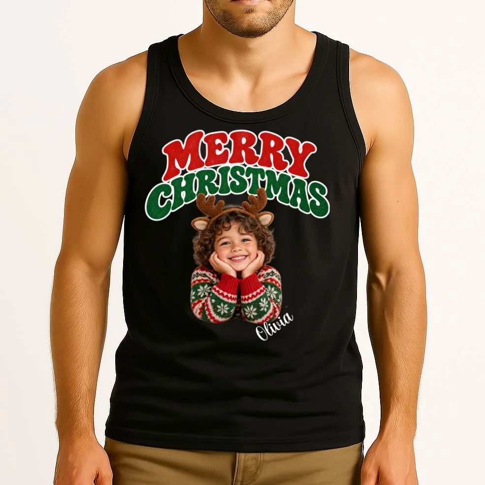 Christmas Photo Personalized Name Custom Gift - Merry Christmas Portrait Holiday Design Men's Tank Top - Front 2