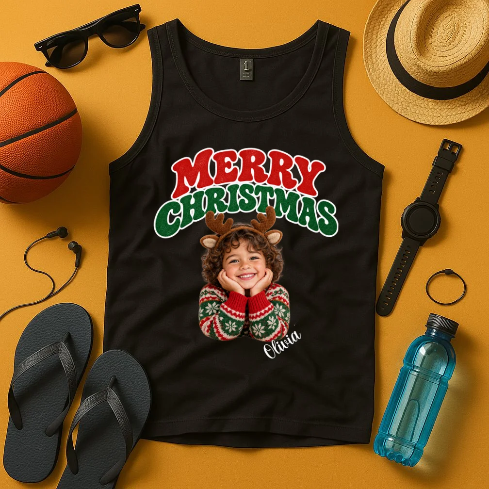 Christmas Photo Personalized Name Custom Gift - Merry Christmas Portrait Holiday Design Men's Tank Top - Front 3