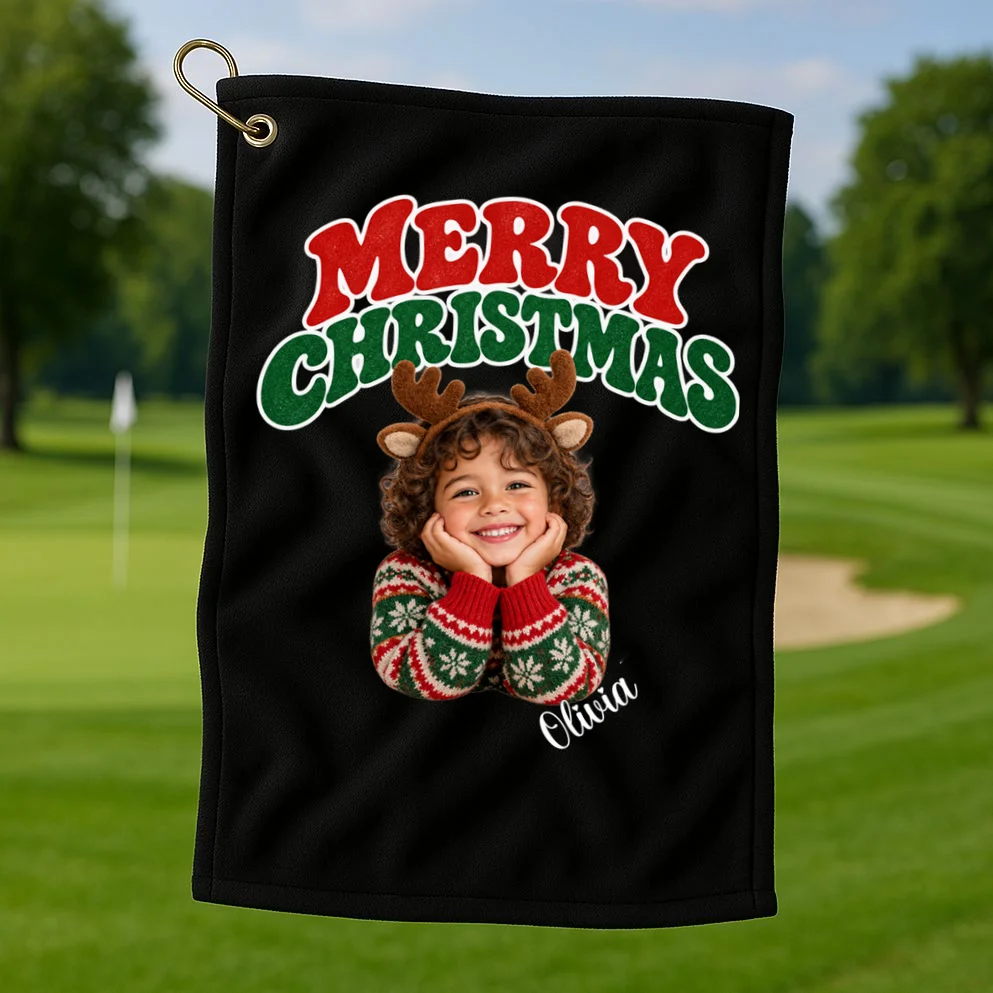 Christmas Photo Personalized Name Custom Gift - Merry Christmas Portrait Holiday Design Golf Towel - Front 1