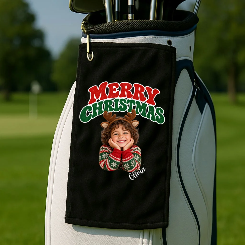 Christmas Photo Personalized Name Custom Gift - Merry Christmas Portrait Holiday Design Golf Towel - Front 2