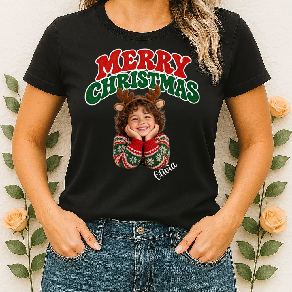 Christmas Photo Personalized Name Custom Gift - Merry Christmas Portrait Holiday Design Women's T-Shirt - Front 1