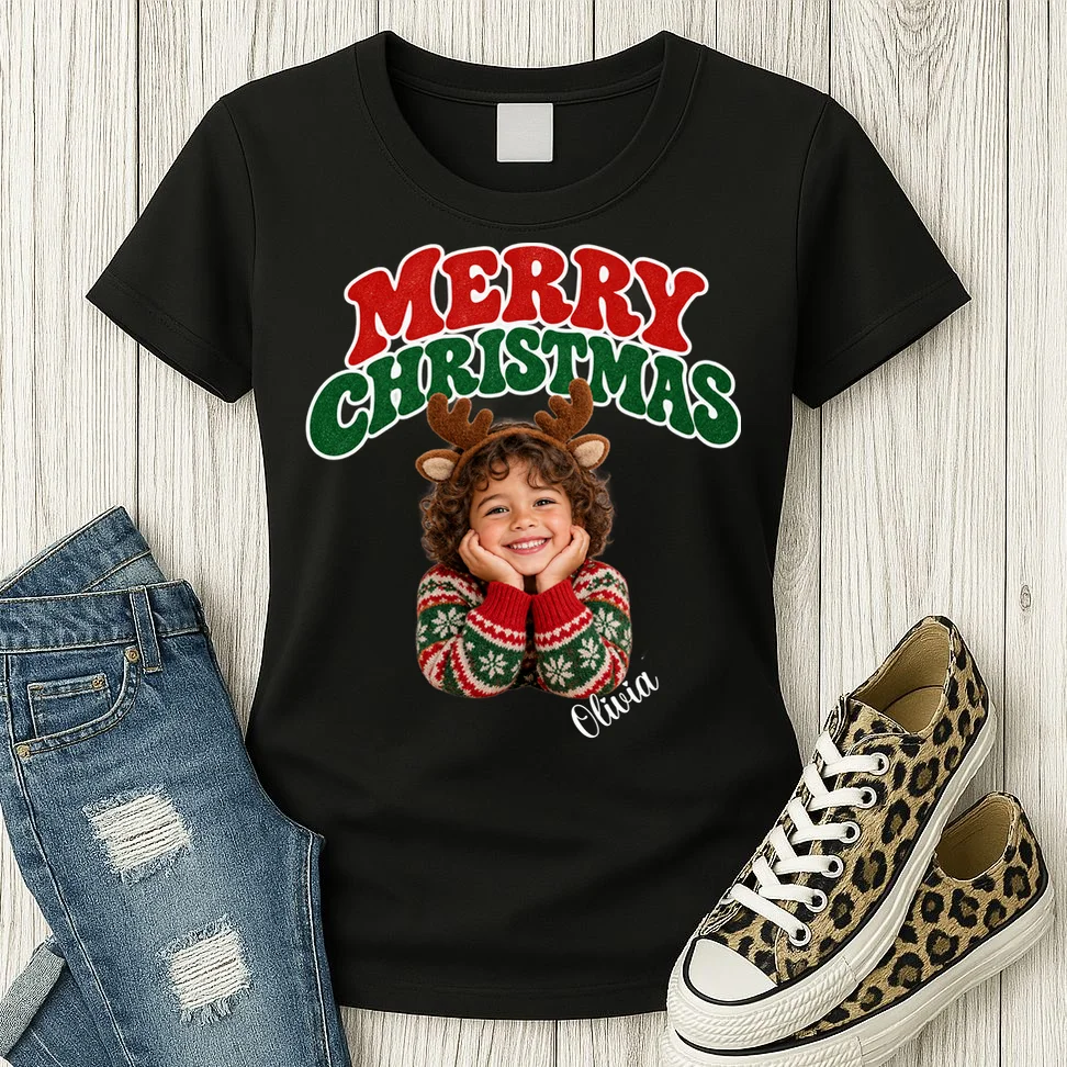 Christmas Photo Personalized Name Custom Gift - Merry Christmas Portrait Holiday Design Women's T-Shirt - Front 2