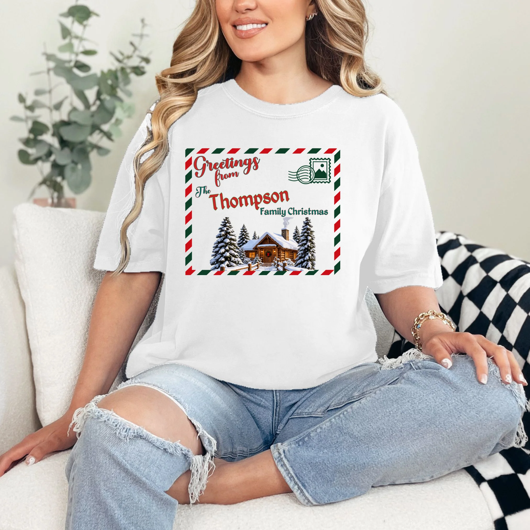 Custom Personalized Family Christmas Postcard Comfort Colors Unisex T-Shirt - Front 1
