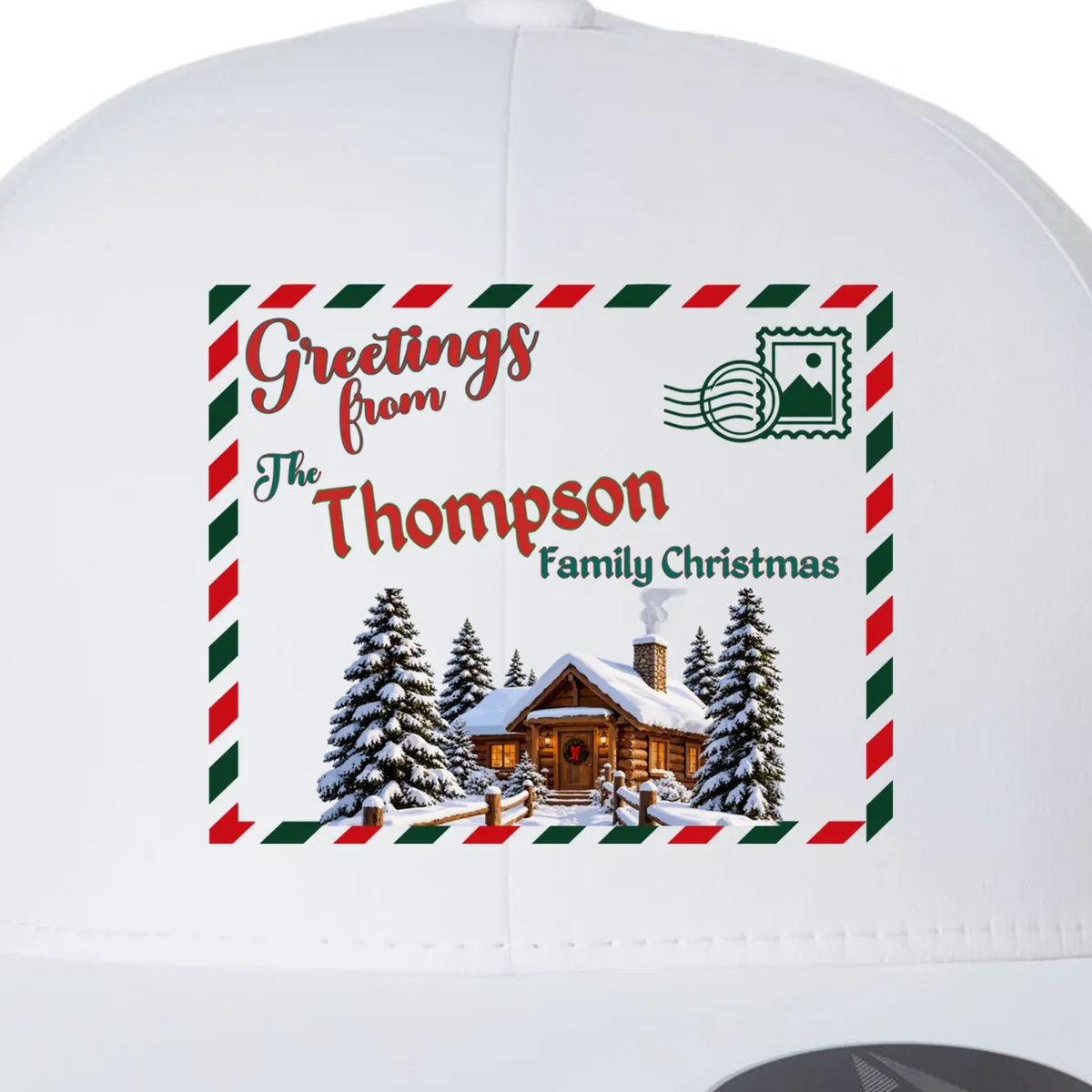 Custom Personalized Family Christmas Postcard Flexfit Men's Snapback Hat - Front - Close-up