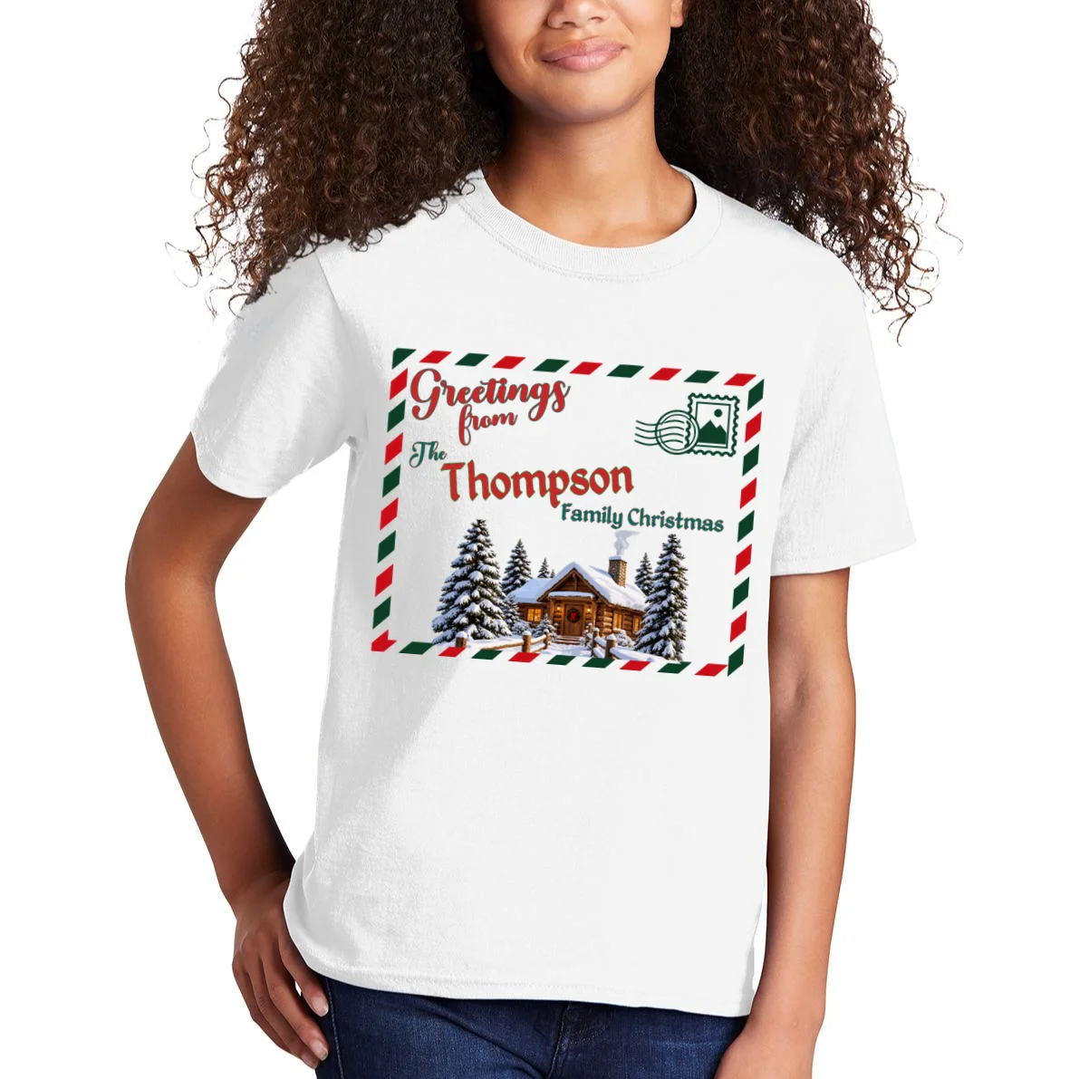 Custom Personalized Family Christmas Postcard Kids T-Shirt - Front 1
