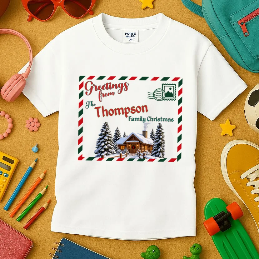 Custom Personalized Family Christmas Postcard Kids T-Shirt - Front 2