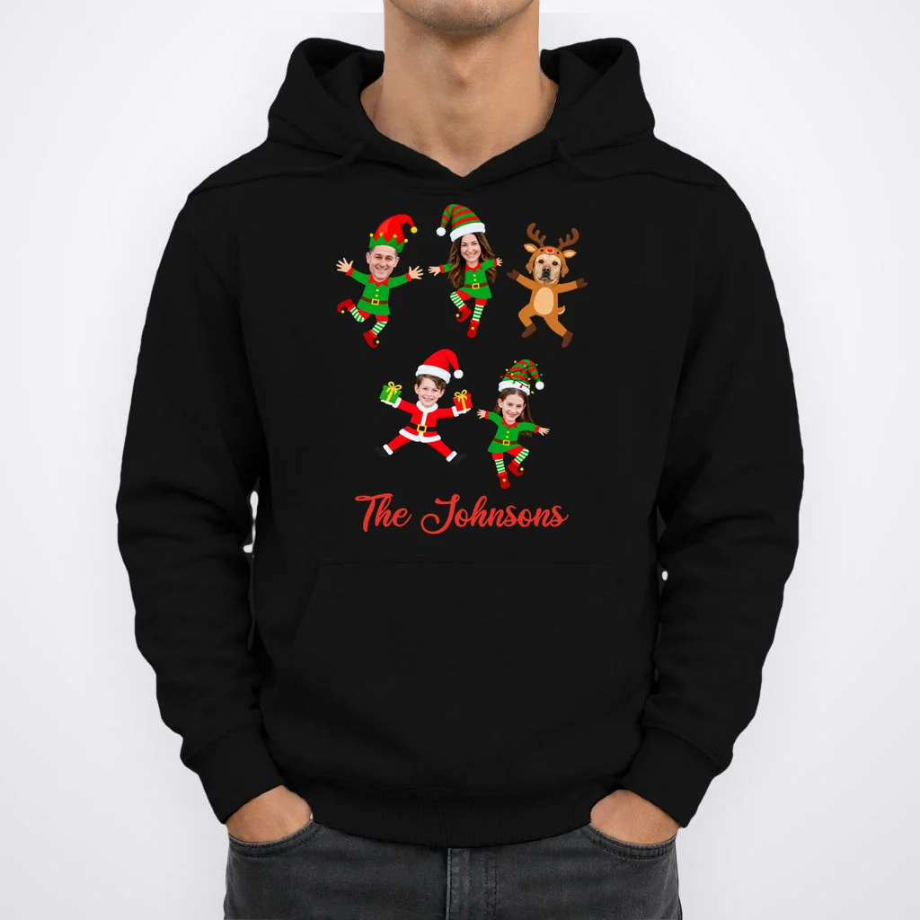 Personalized Christmas Elf Family Hoodie - Custom Photo & Name - Front 1