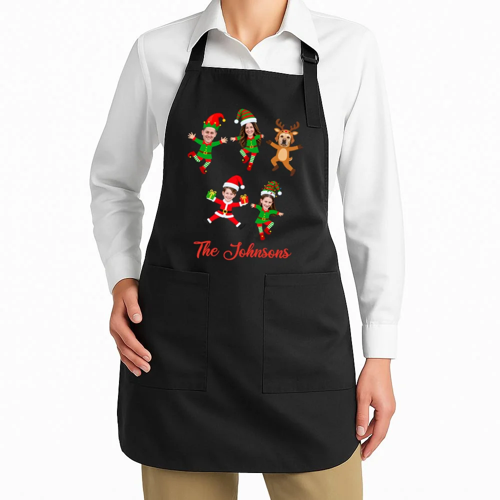 Personalized Christmas Elf Family Apron - Custom Photo & Name - Front 1