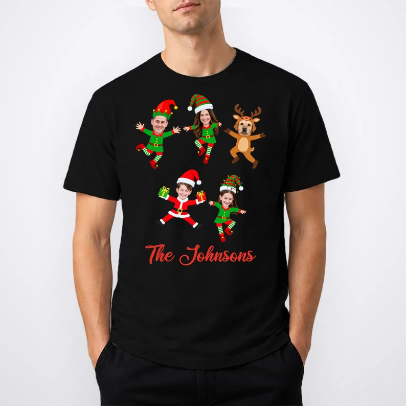 Personalized Christmas Elf Family T-Shirt - Custom Photo & Name - Front 1