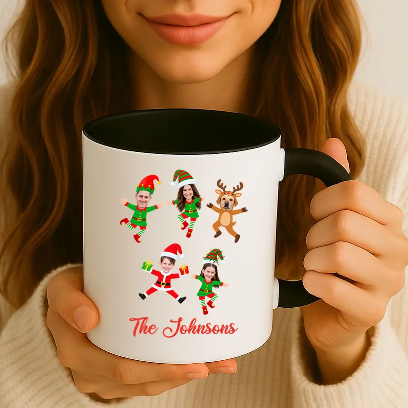 Personalized Christmas Elf Family Coffee Mug - Custom Photo & Name - Front 2