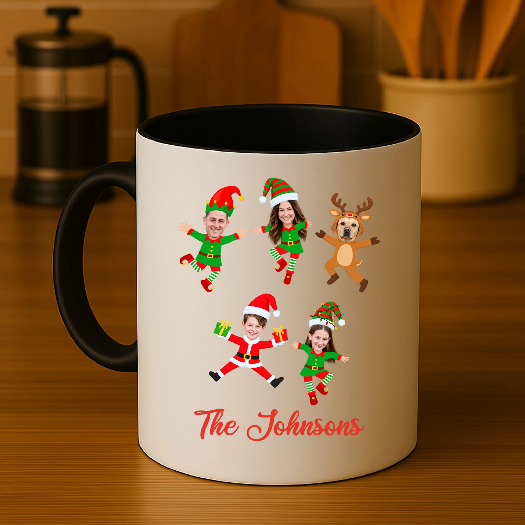 Personalized Christmas Elf Family Coffee Mug - Custom Photo & Name - Front 3