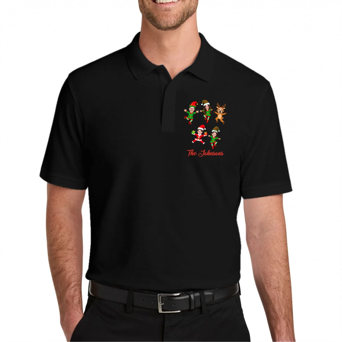 Personalized Christmas Elf Family Men's Polo - Custom Photo & Name - Front 1