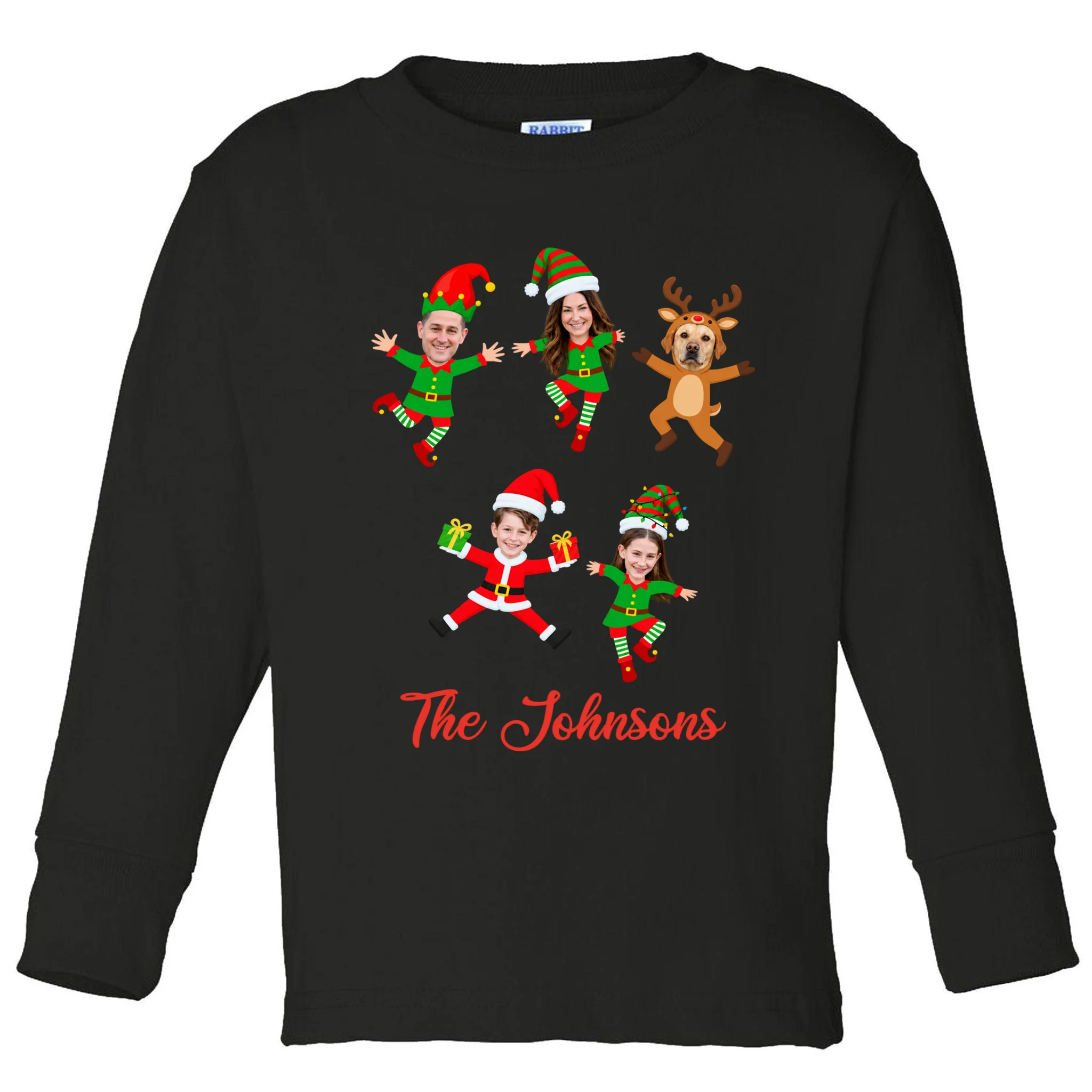 Personalized Christmas Elf Family Toddler Long Sleeve Shirt - Custom Photo & Name Front