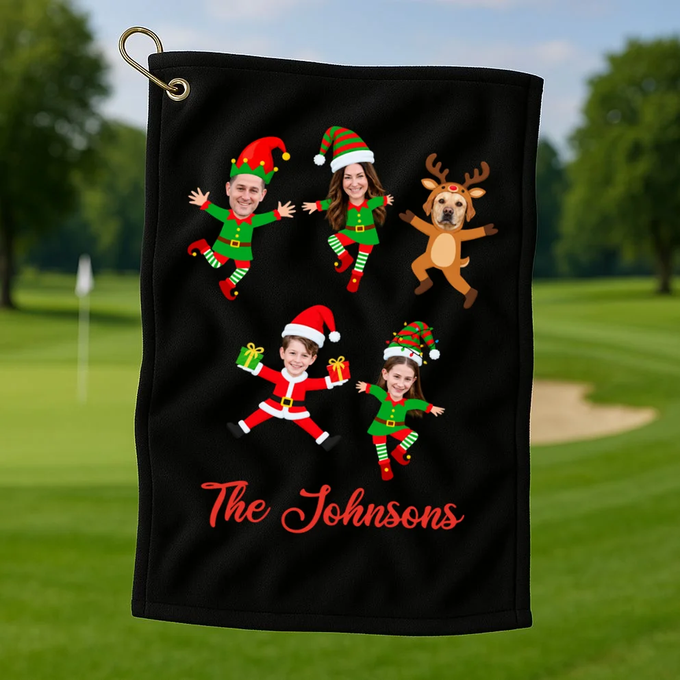 Personalized Christmas Elf Family Golf Towel - Custom Photo & Name - Front 1