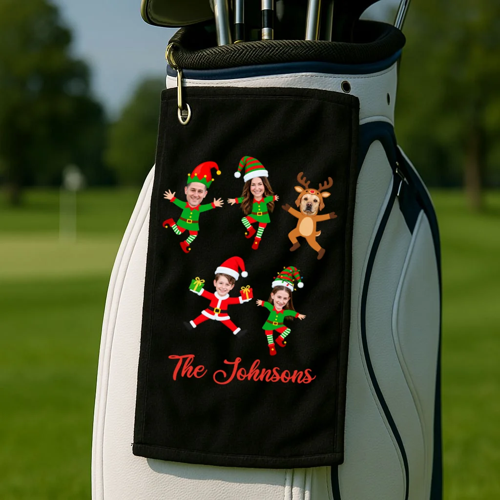 Personalized Christmas Elf Family Golf Towel - Custom Photo & Name - Front 2