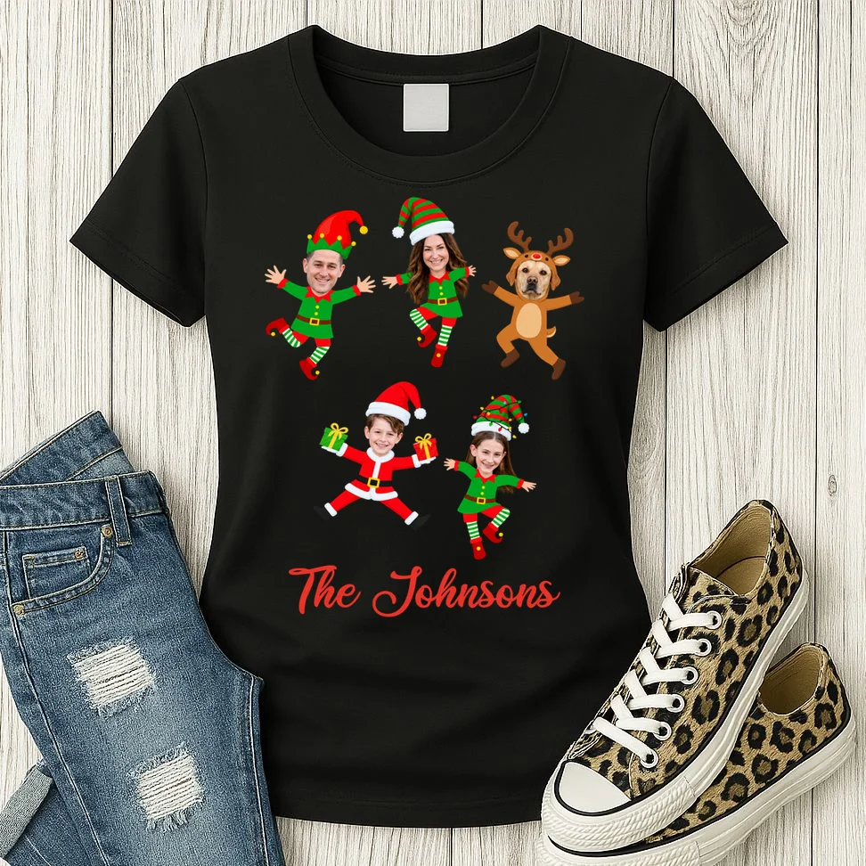 Personalized Christmas Elf Family Women's T-Shirt - Custom Photo & Name - Front 2