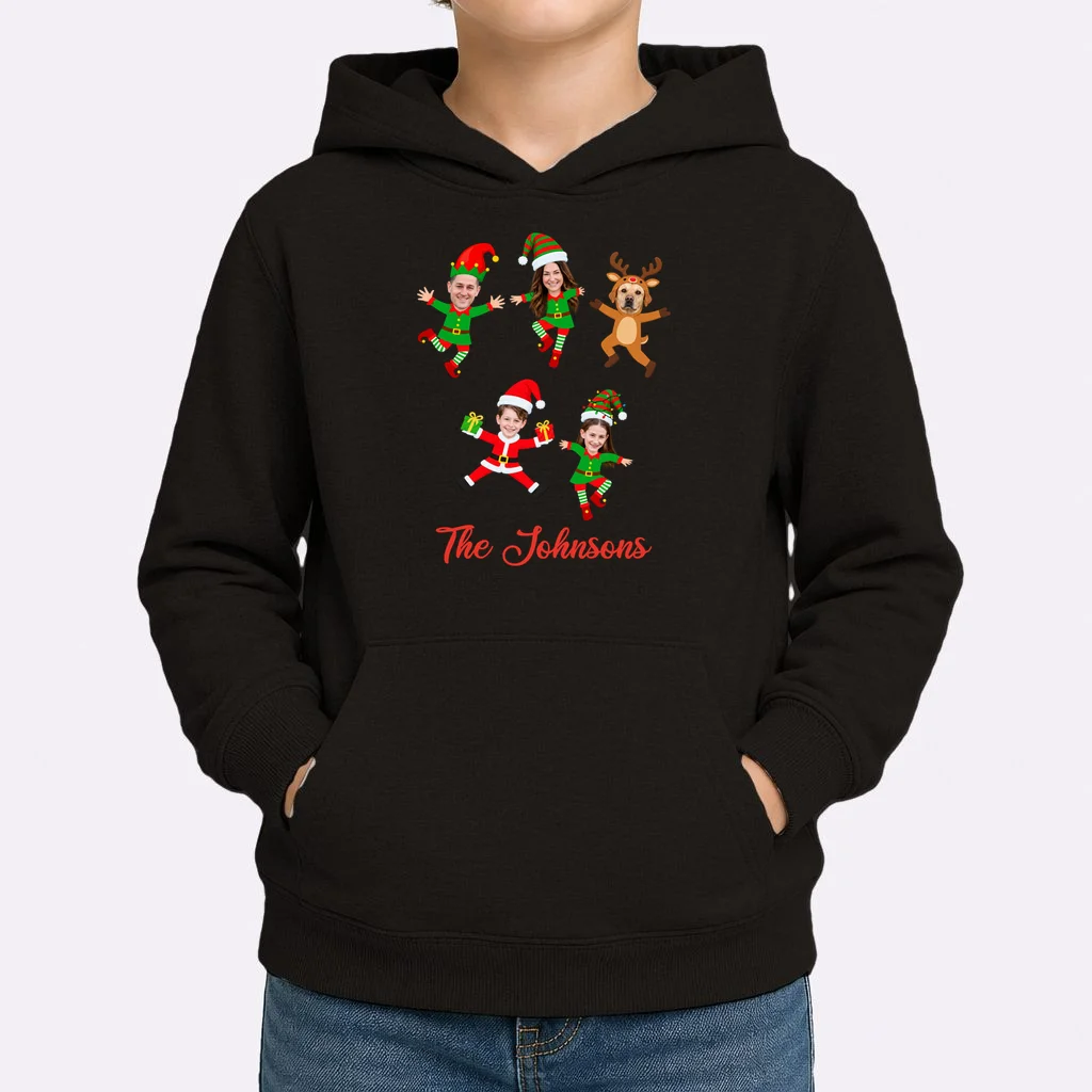 Personalized Christmas Elf Family Kids Hoodie - Custom Photo & Name - Front 1