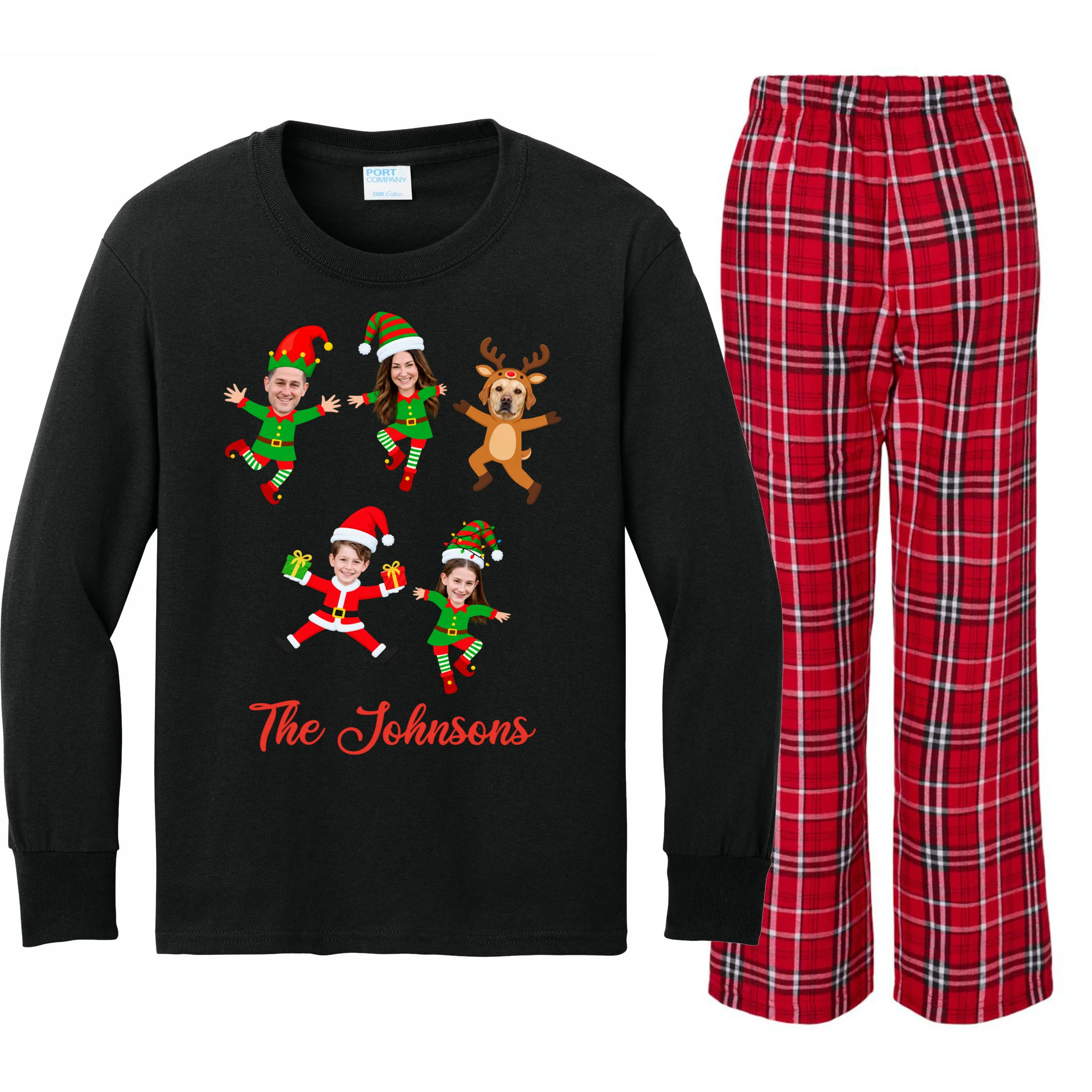 Personalized Christmas Elf Family Kids Long Sleeve Pajamas - Custom Photo & Name Front
