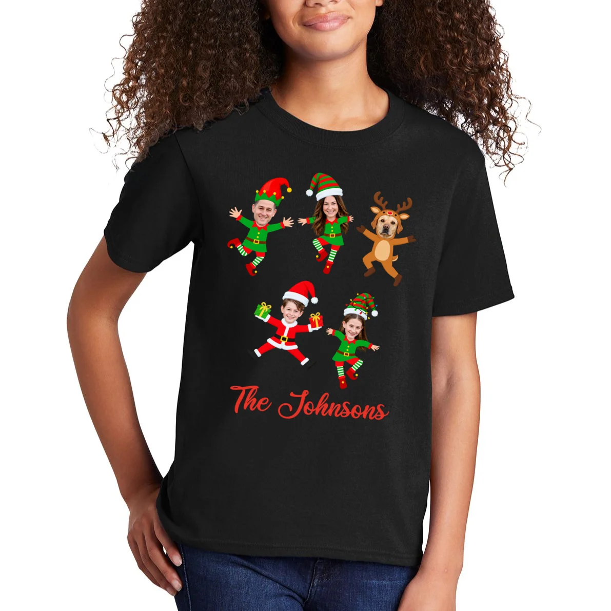 Personalized Christmas Elf Family Kids T-Shirt - Custom Photo & Name - Front 1