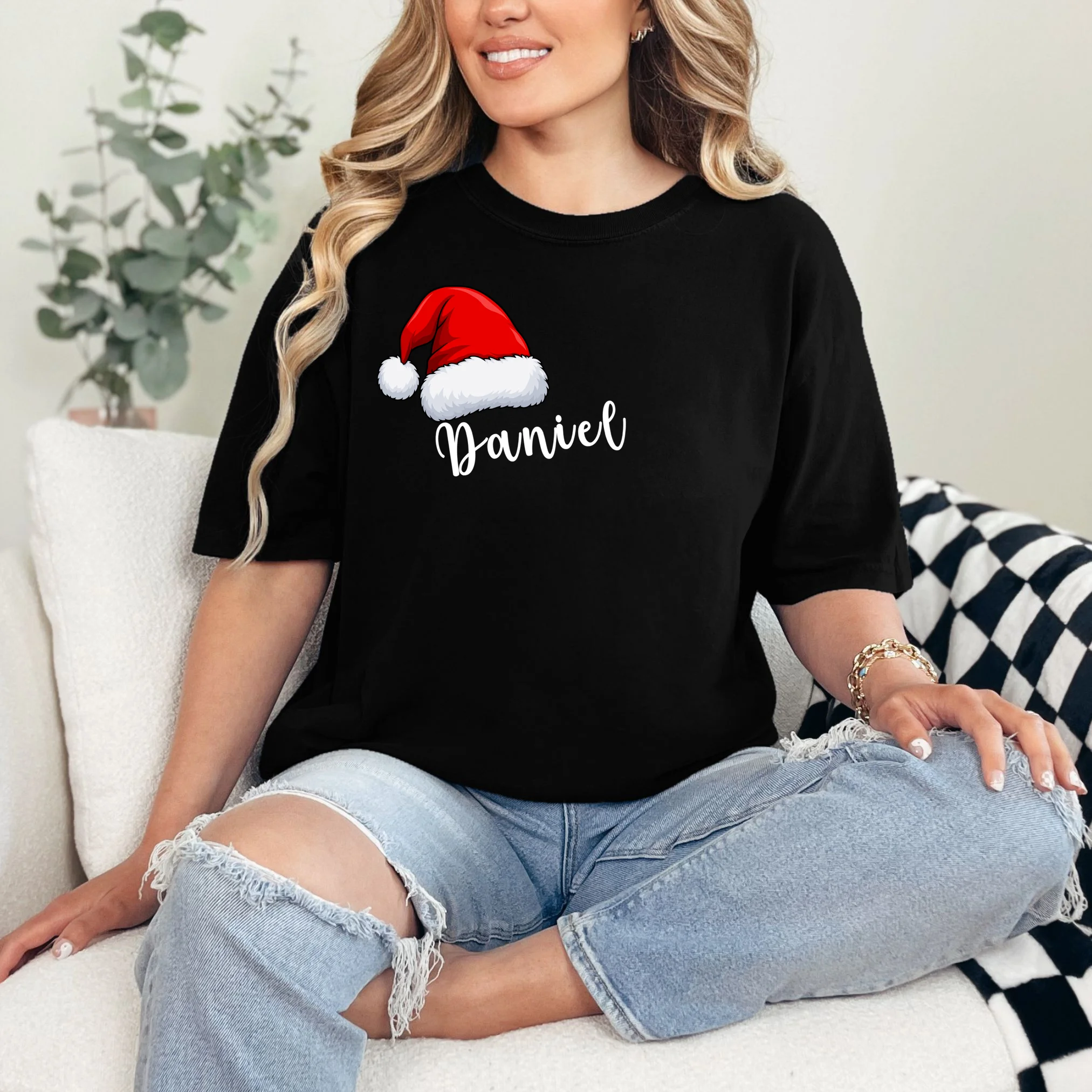 Custom Personalized Christmas Santa Hat Comfort Colors Unisex T-Shirt - Front 1