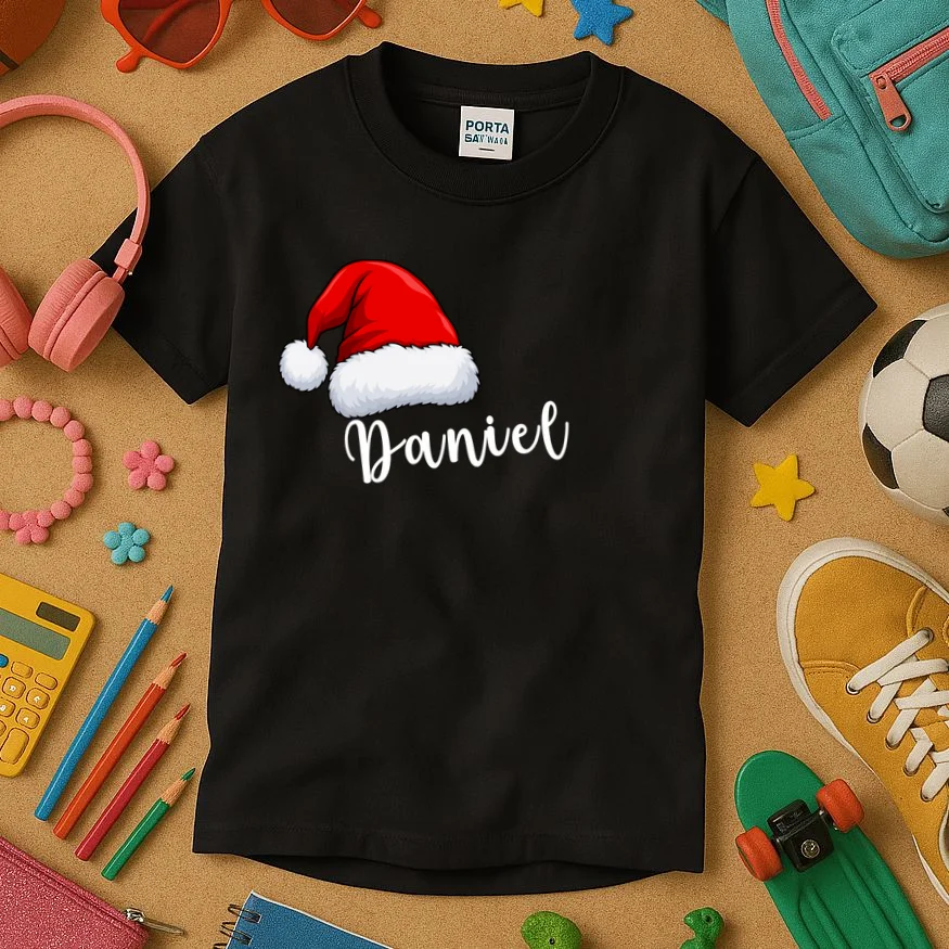 Custom Personalized Christmas Santa Hat Kids T-Shirt - Front 2