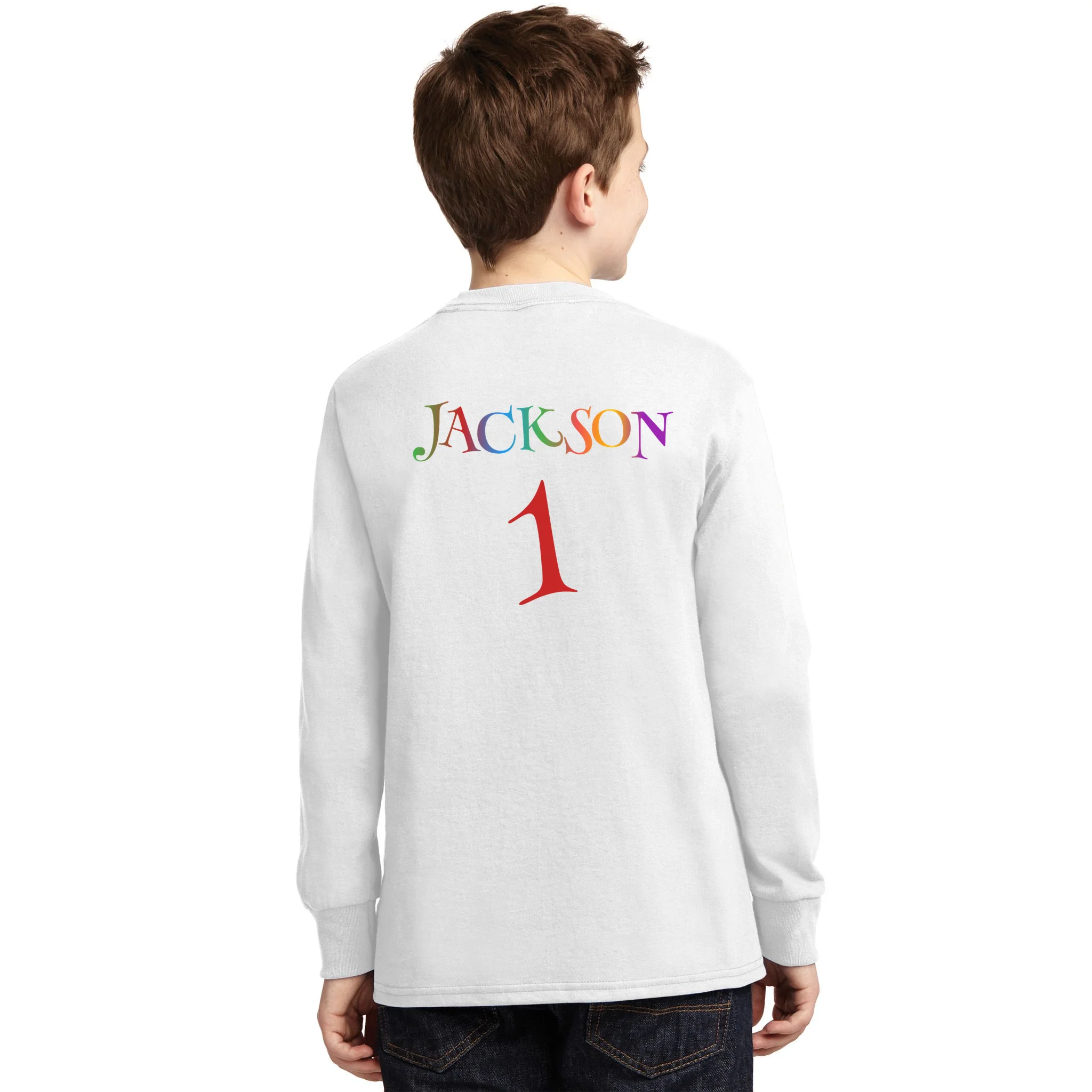 Custom Personalized Name Birthday Age Jersey Kids Long Sleeve Shirt - Back - Close-up