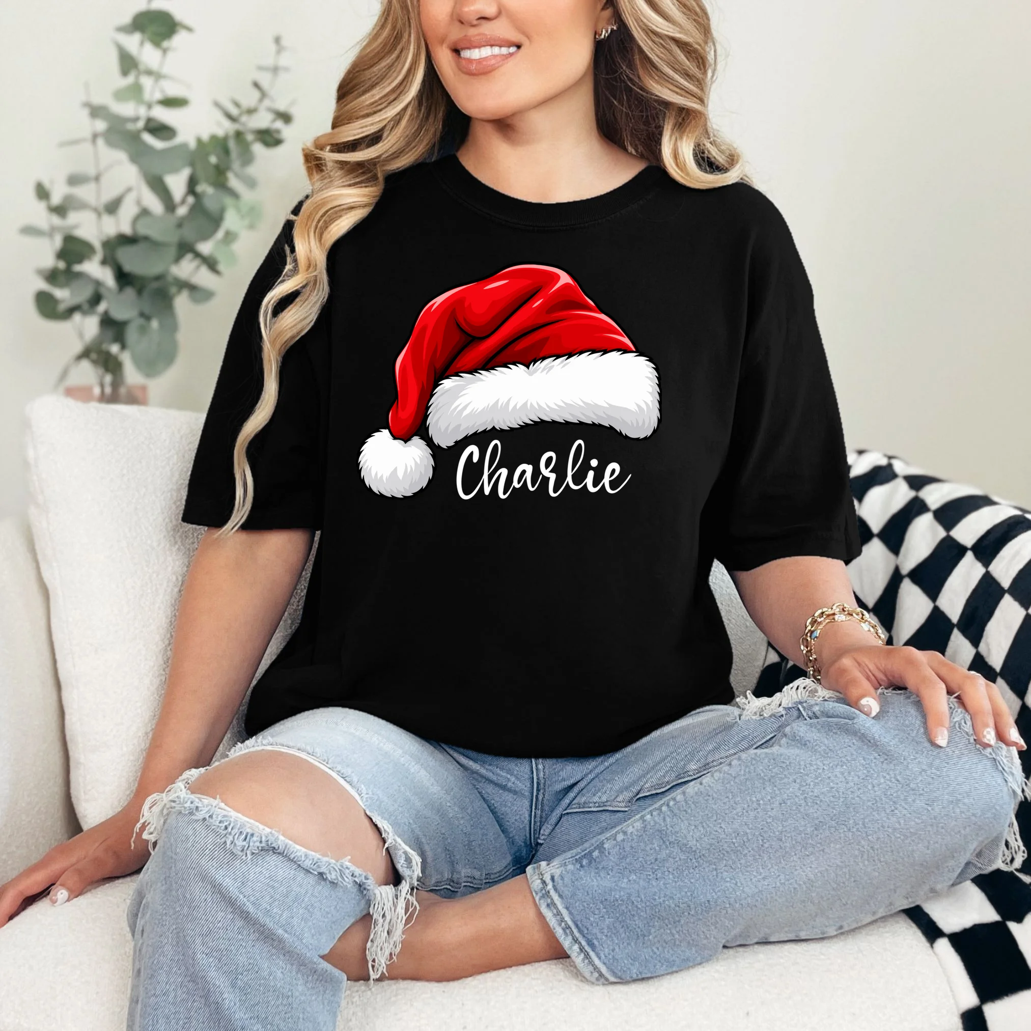 Custom Name Santa Hat Personalized Christmas T-Shirt - Front 1