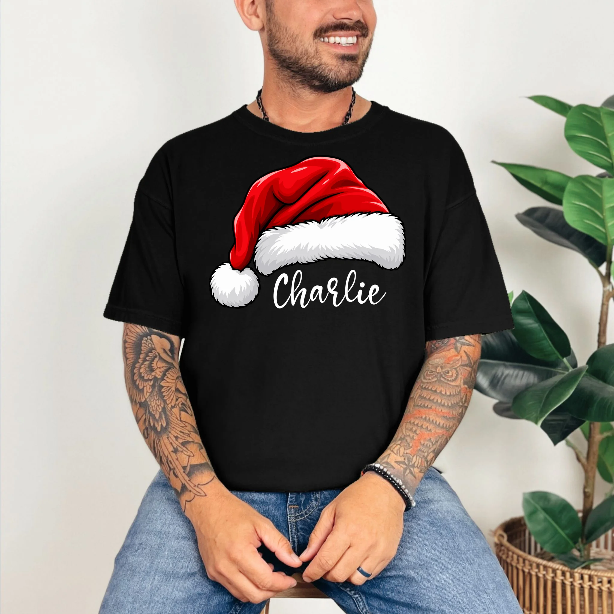 Custom Name Santa Hat Personalized Christmas T-Shirt - Front 2
