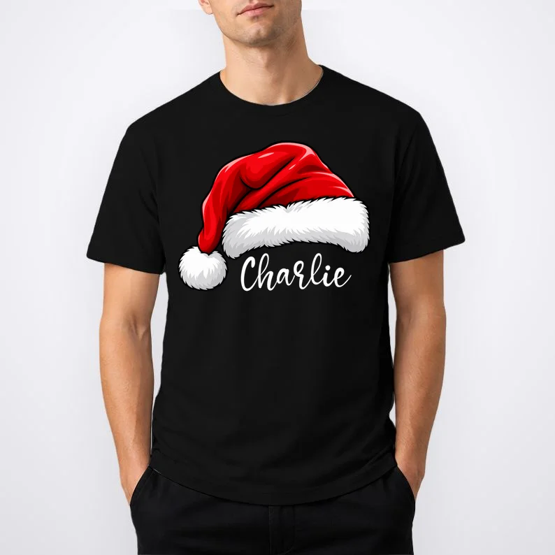 Custom Name Santa Hat Personalized Christmas T-Shirt - Front 1