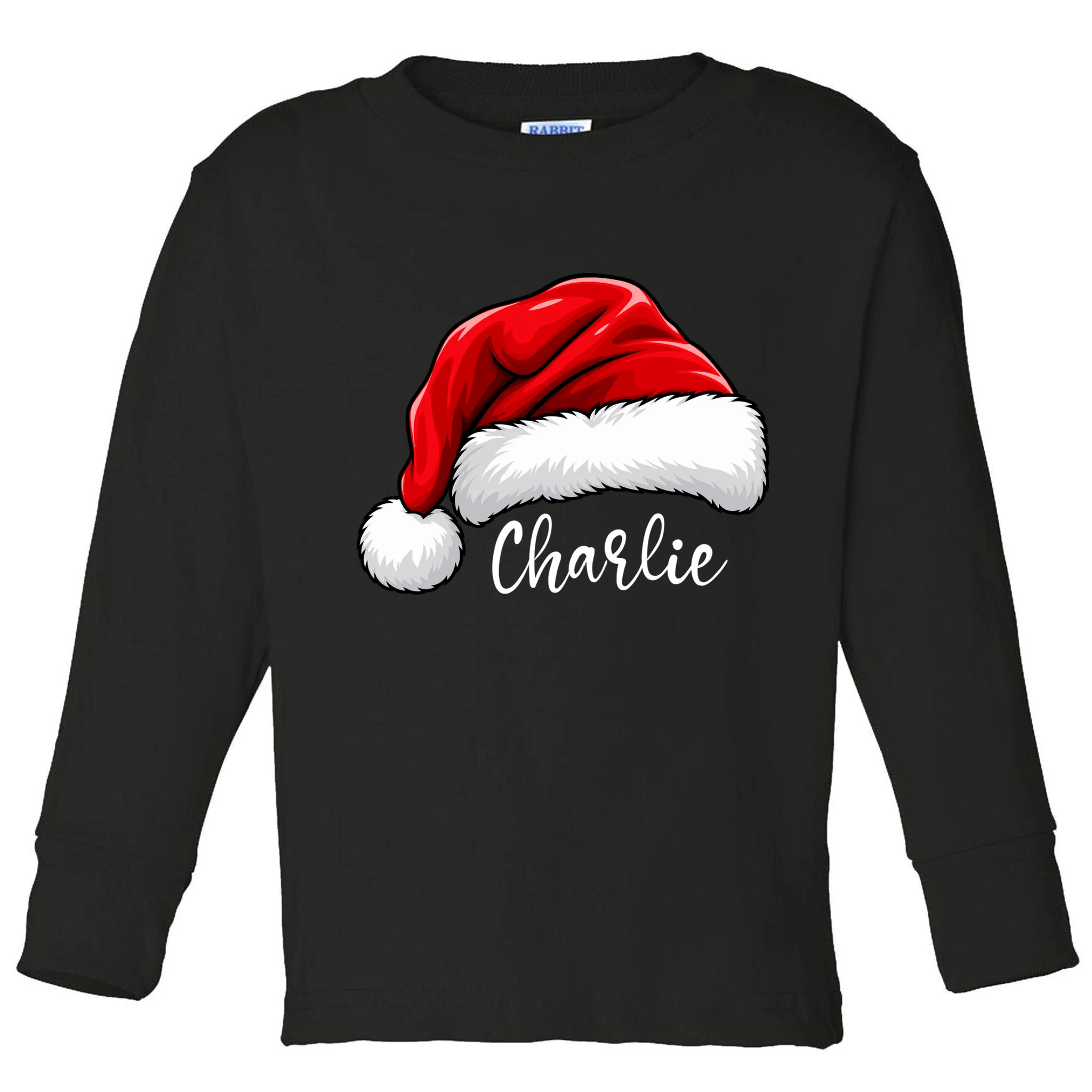 Custom Name Santa Hat Personalized Christmas Toddler Long Sleeve Shirt - Front