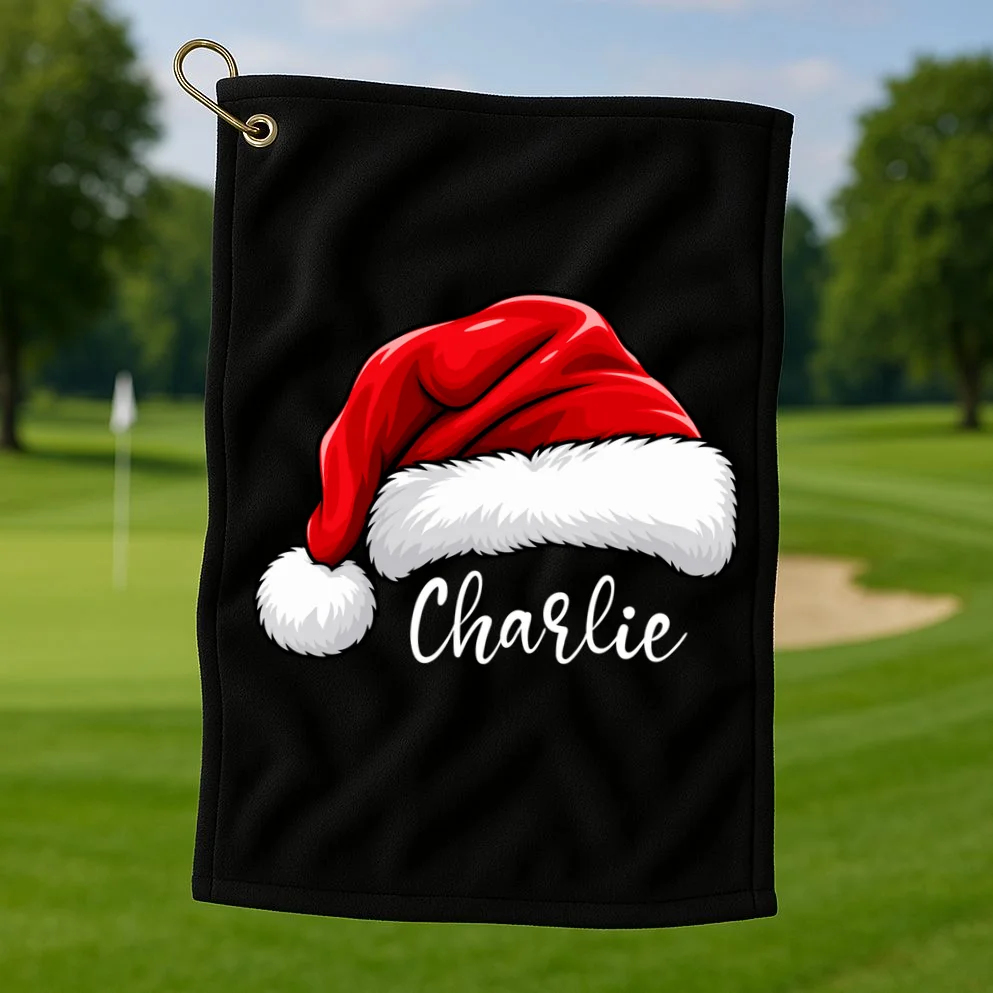 Custom Name Santa Hat Personalized Christmas Golf Towel - Front 1