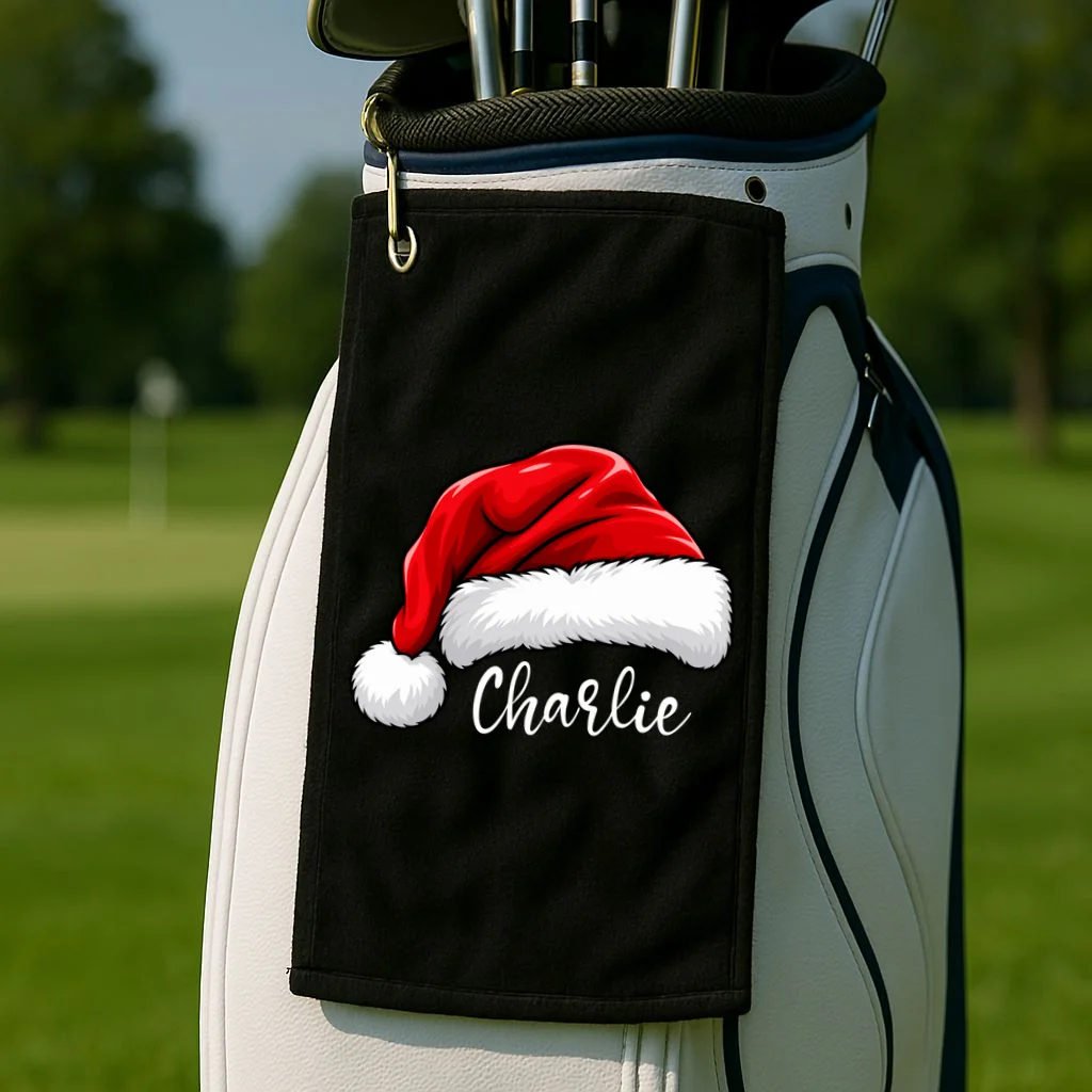 Custom Name Santa Hat Personalized Christmas Golf Towel - Front 2