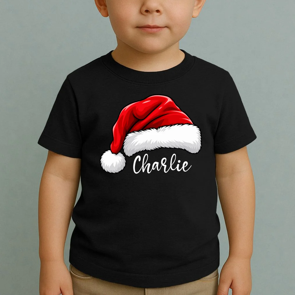 Custom Name Santa Hat Personalized Christmas Toddler T-Shirt - Front 1