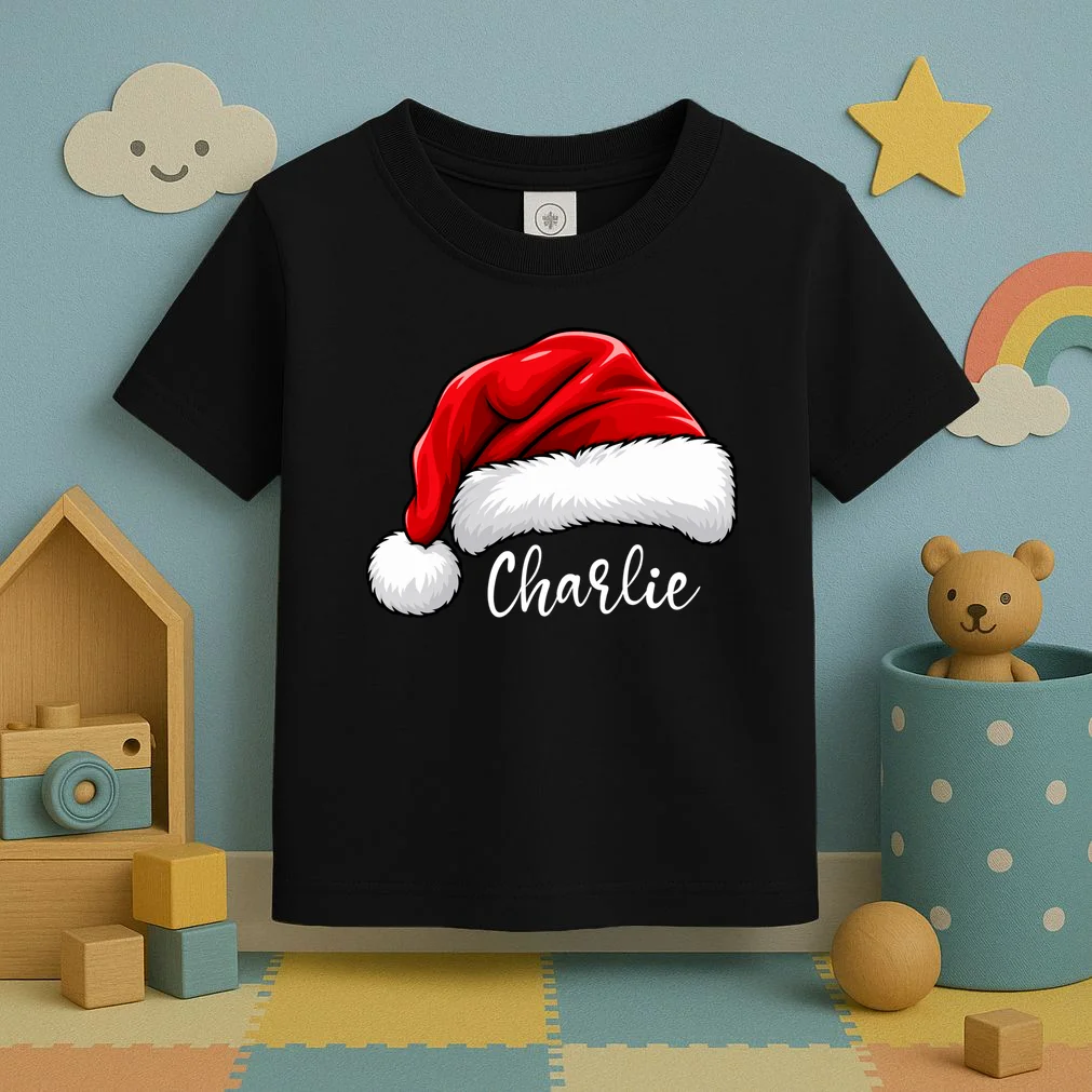 Custom Name Santa Hat Personalized Christmas Toddler T-Shirt - Front 2