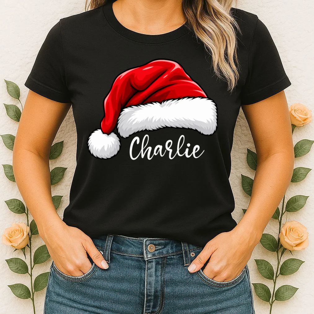 Custom Name Santa Hat Personalized Christmas Women's T-Shirt - Front 1