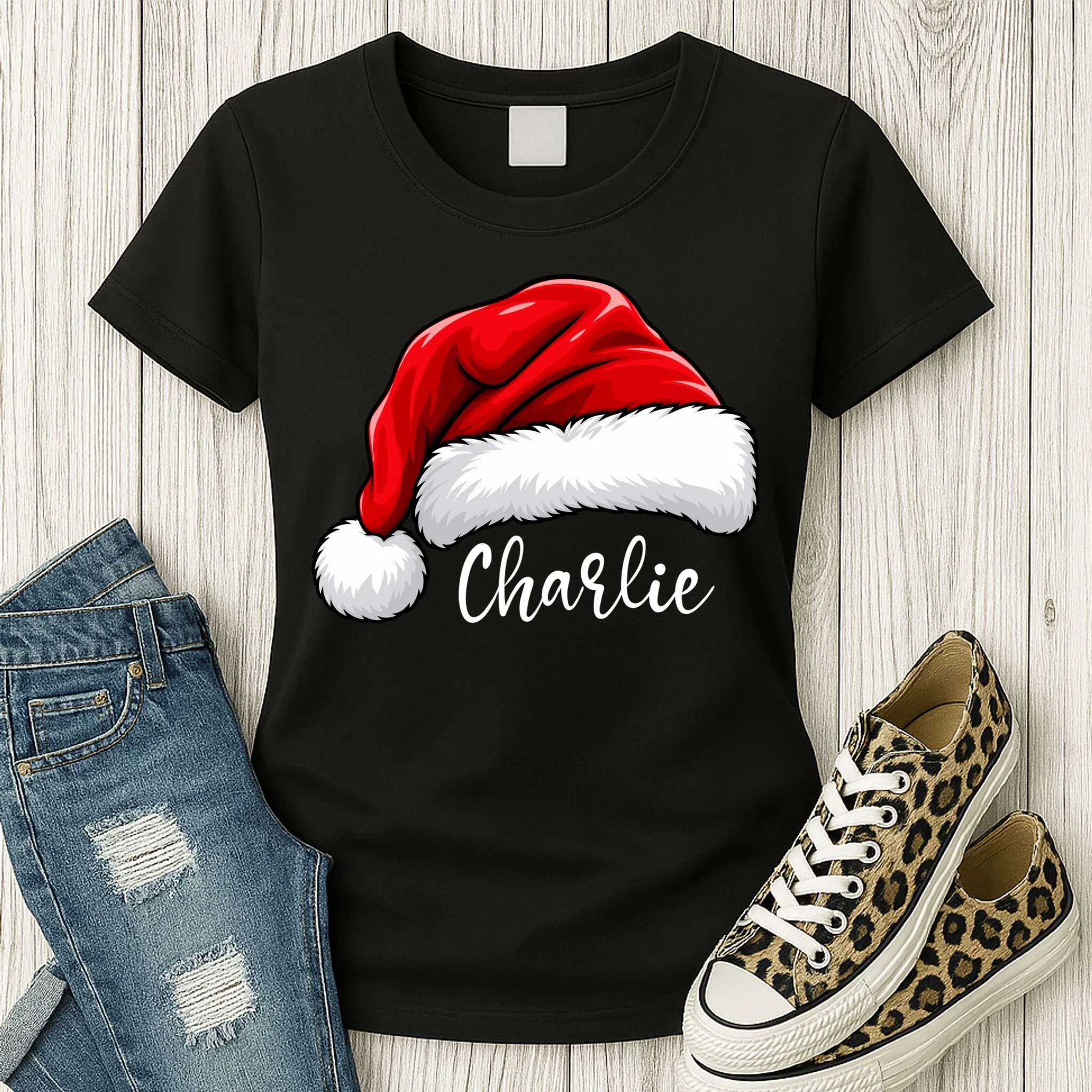 Custom Name Santa Hat Personalized Christmas Women's T-Shirt - Front 2