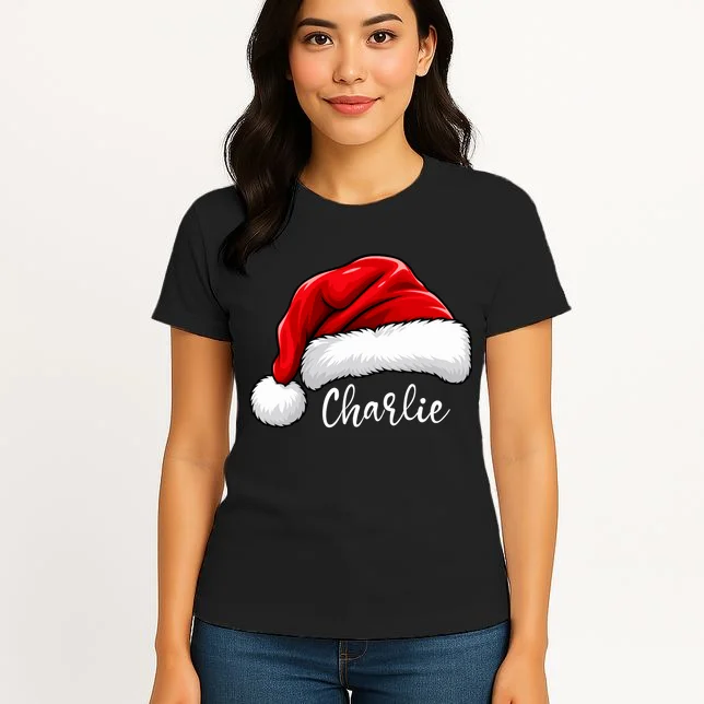 Custom Name Santa Hat Personalized Christmas Women's T-Shirt - Front 3