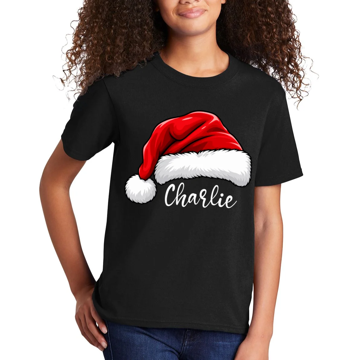 Custom Name Santa Hat Personalized Christmas Kids T-Shirt - Front 1