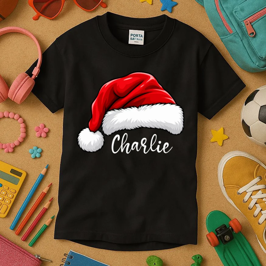 Custom Name Santa Hat Personalized Christmas Kids T-Shirt - Front 2