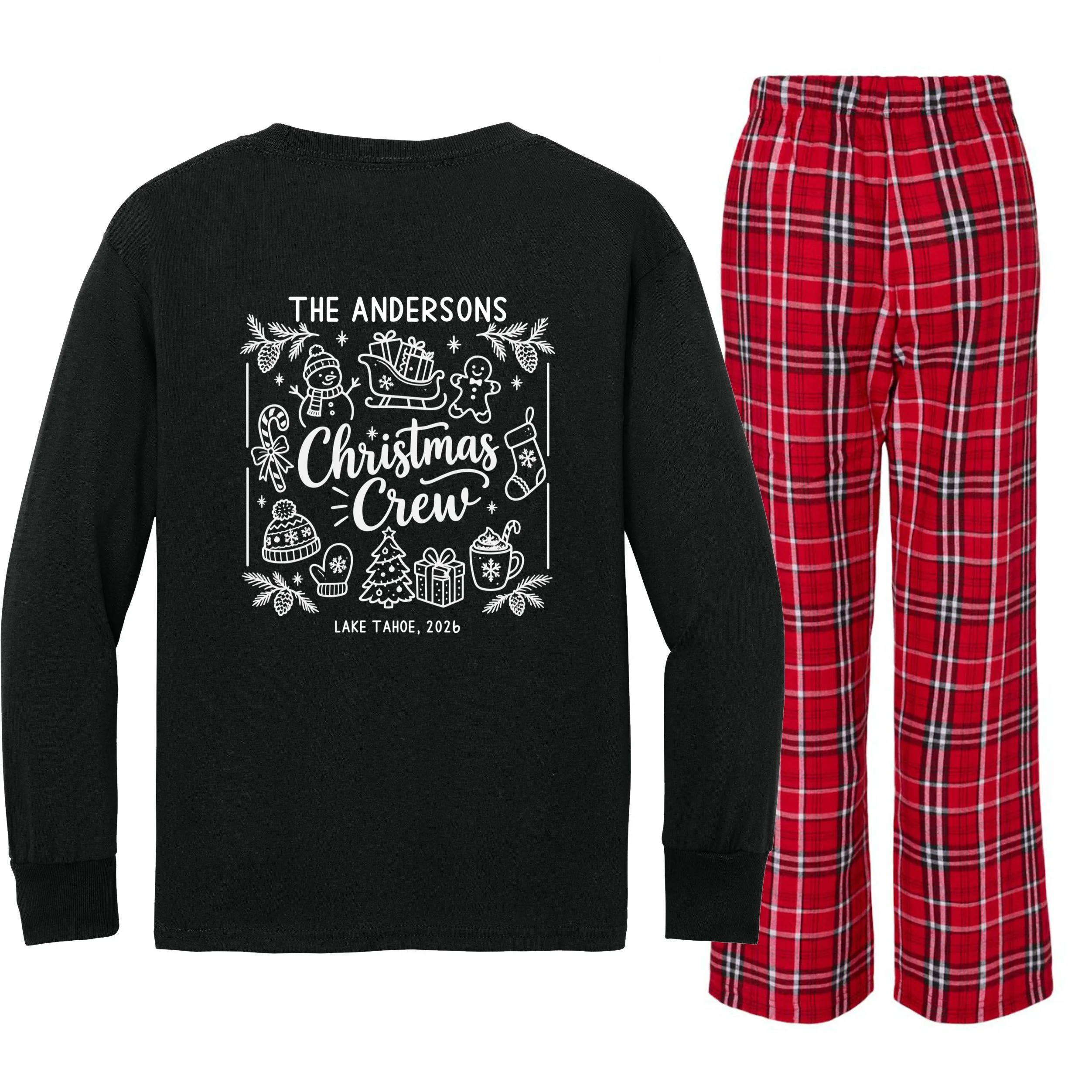 Christmas Family Matching Name Custom Gift - Minimalist Christmas Design Kids Long Sleeve Pajamas - Back - Close-up