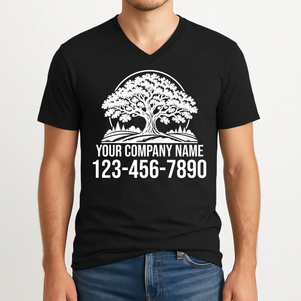 Custom Phone Number Custom Business Name Landscaping Shirt V-Neck T-Shirt - Front 1