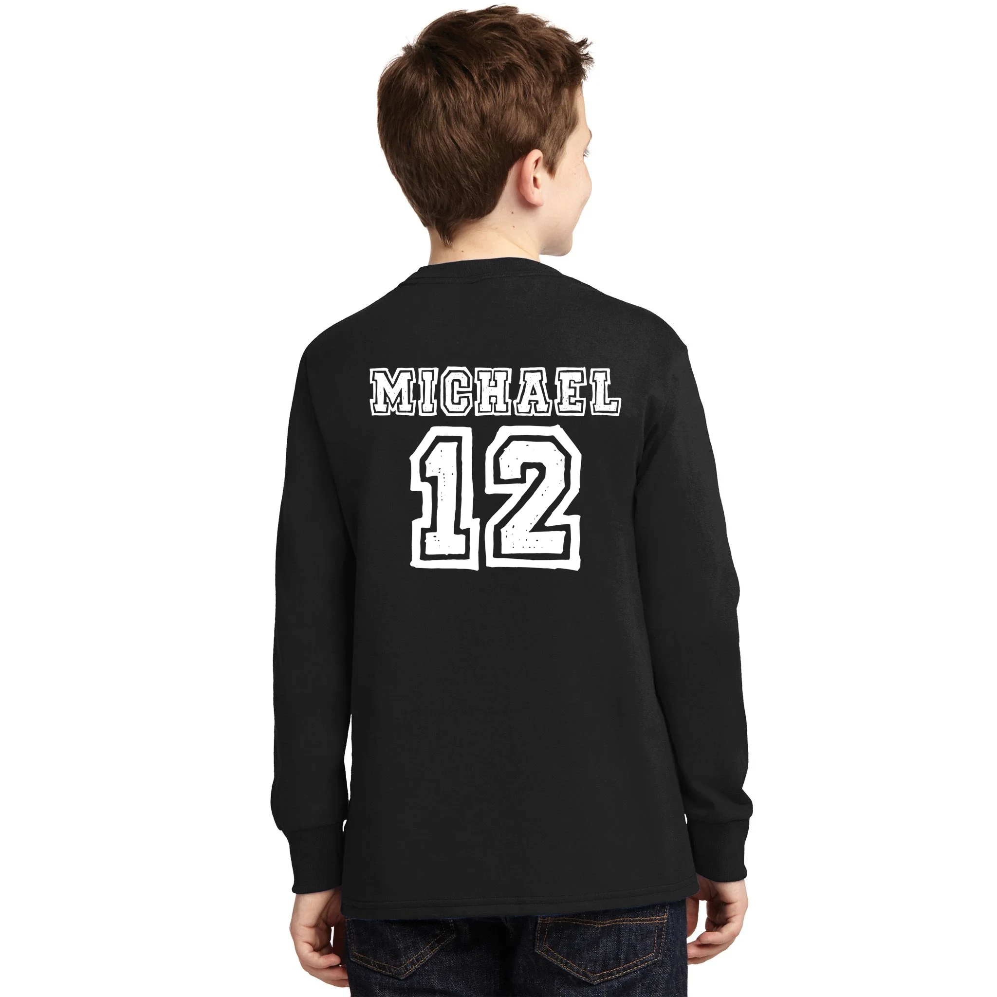 Cousin Squad Custom Name And Number Kids Long Sleeve Shirt - Back - Close-up