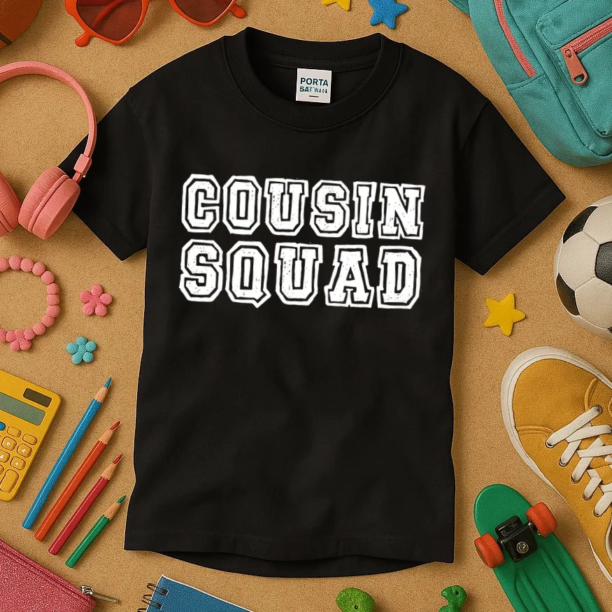 Cousin Squad Custom Name And Number Kids T-Shirt - Front 2