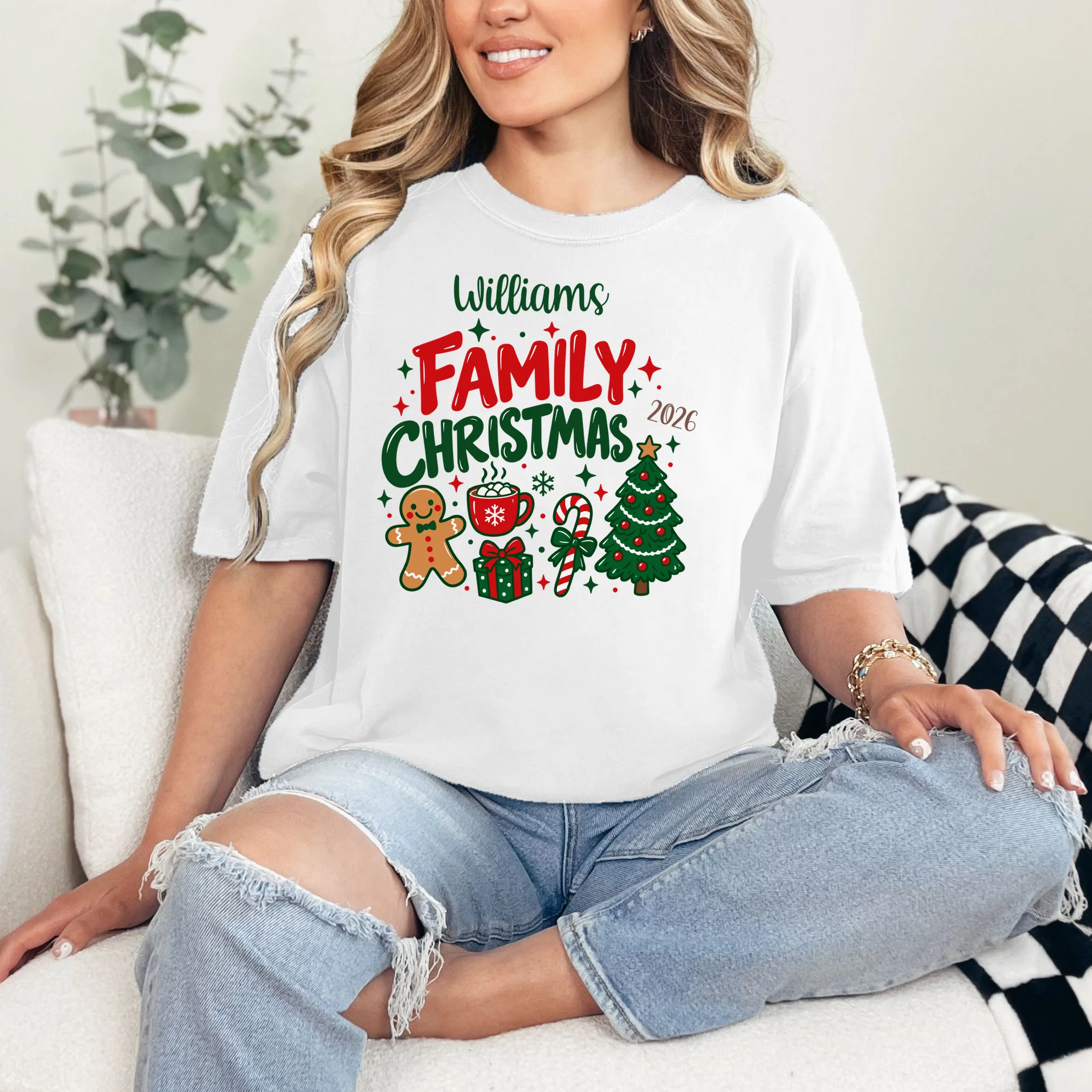 Custom Personalized Family Christmas Doodle Comfort Colors Unisex T-Shirt - Front 1