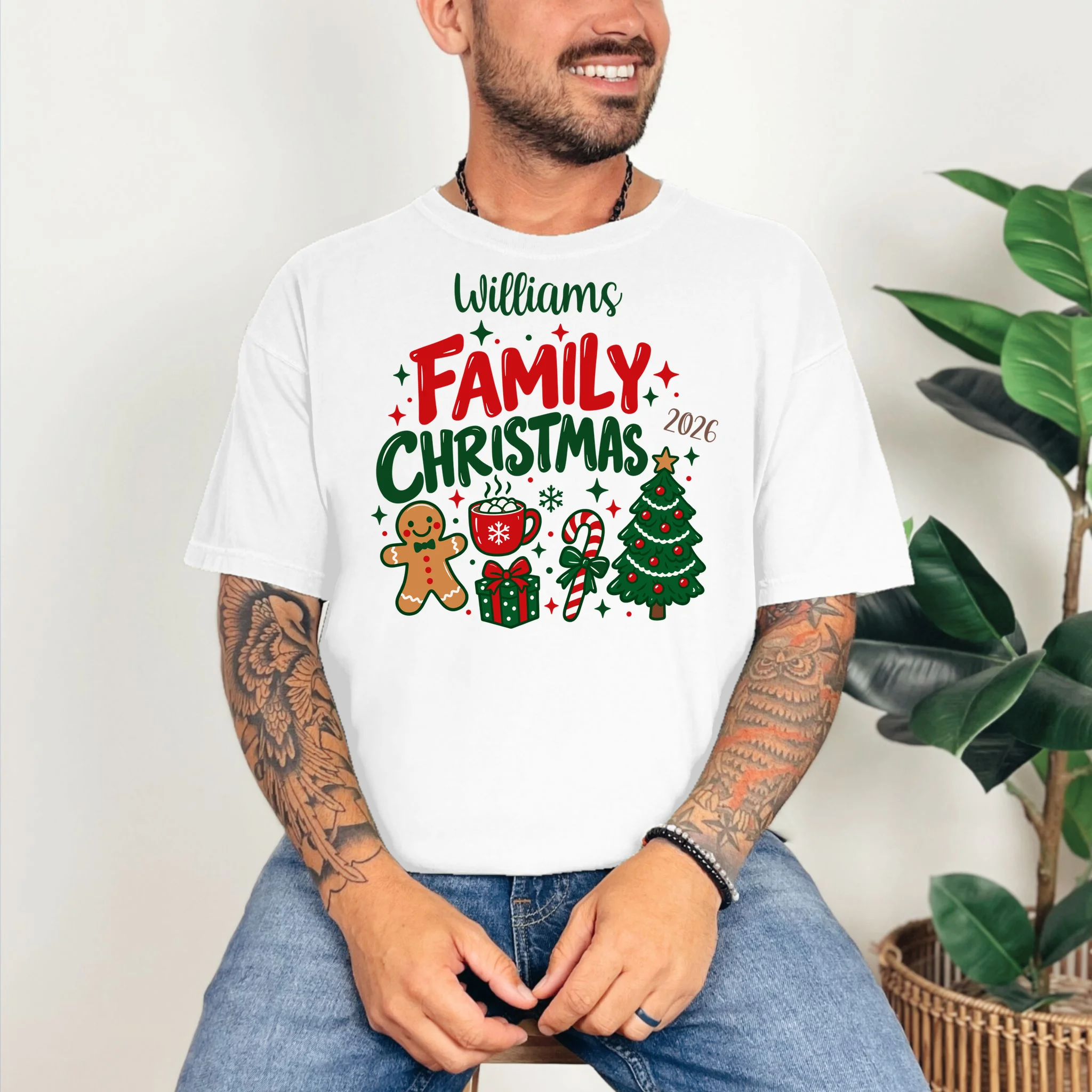 Custom Personalized Family Christmas Doodle Comfort Colors Unisex T-Shirt - Front 2