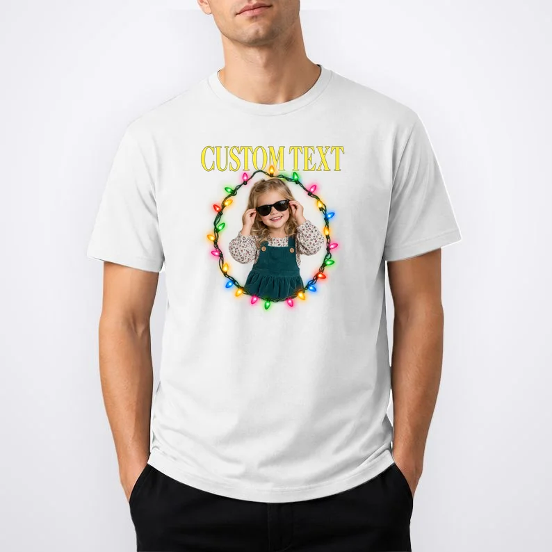 Custom Photo Christmas Personalized Text Gift - Vintage Christmas Lights Photo Collage Design Men's T-Shirt - Front 1
